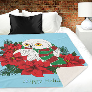 Couverture Sherpa Chouette neigeuse Poinsettias rouges Noël