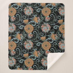 Couverture Sherpa Chrysanthèmes Arrière - plan noir, Vintage floral.