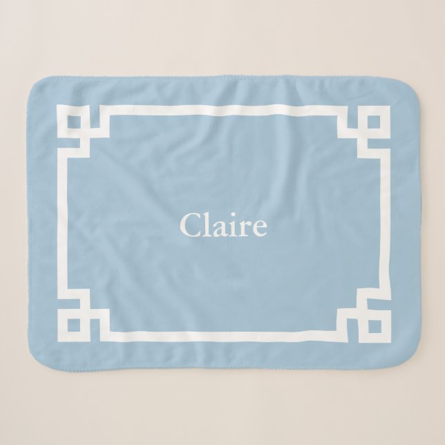Couverture Sherpa Ciel Bleu et Clé Grecque Monogramme Blanc (Devant (Horizontal))