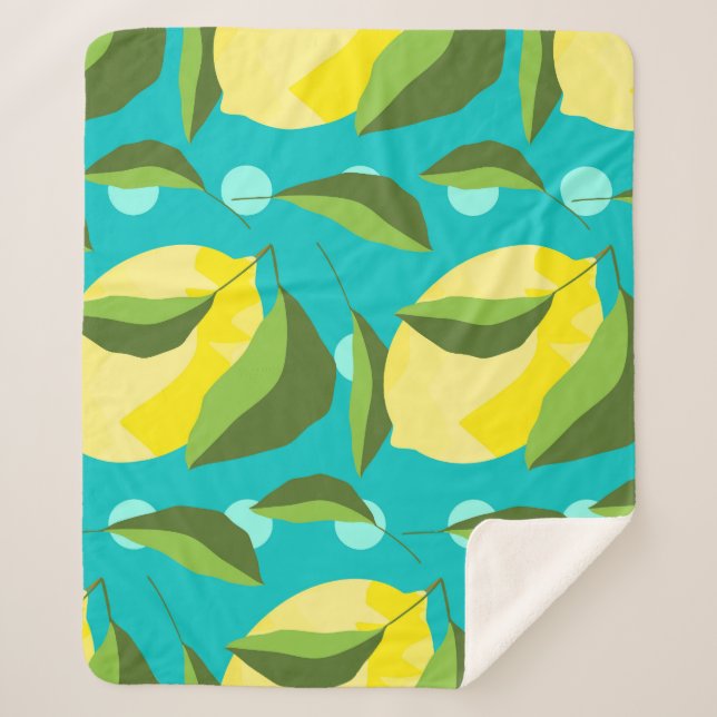 Couverture Sherpa Citrons Polka Point : Arrière - plan bleu. (Devant)