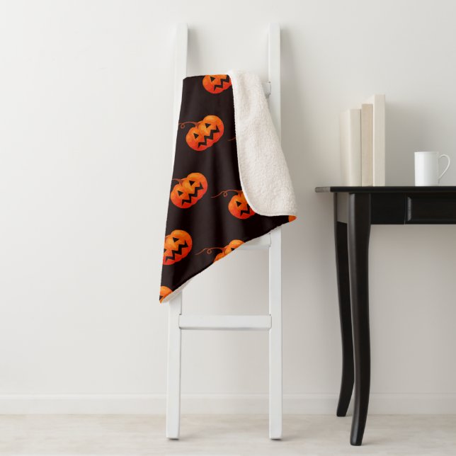 Couverture Sherpa Citrouille D'Halloween, Citrouille Orange Trou Ou  (En situation)