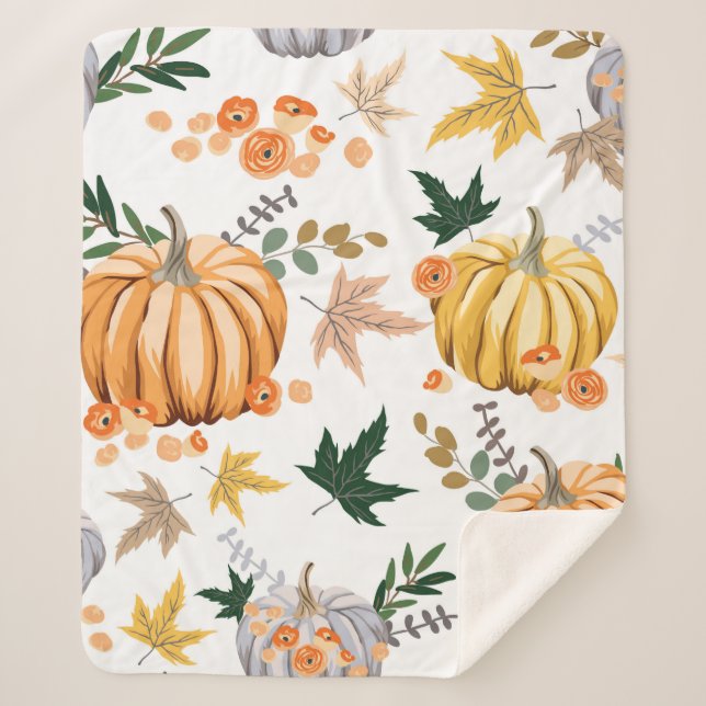 Couverture Sherpa Citrouille orange d'automne et fleurs motif (Devant)