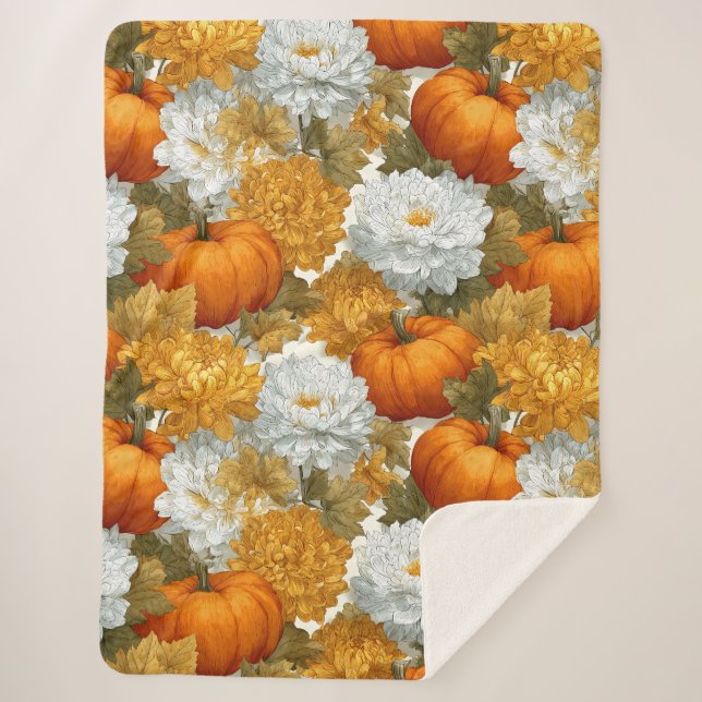 Couverture Sherpa Citrouilles et chrysanthèmes Automne Design (Devant)