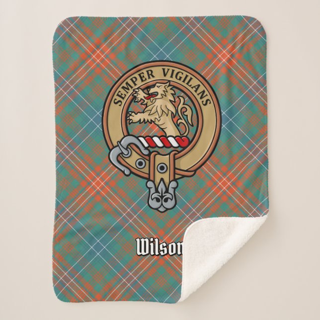 Couverture Sherpa Clan Wilson Crest au-dessus de Tartan antique (Devant)