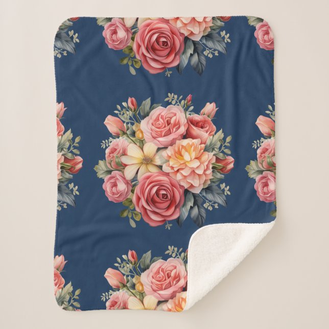 Couverture Sherpa Classic Pink Roses Floral on a Blue Background (Devant)