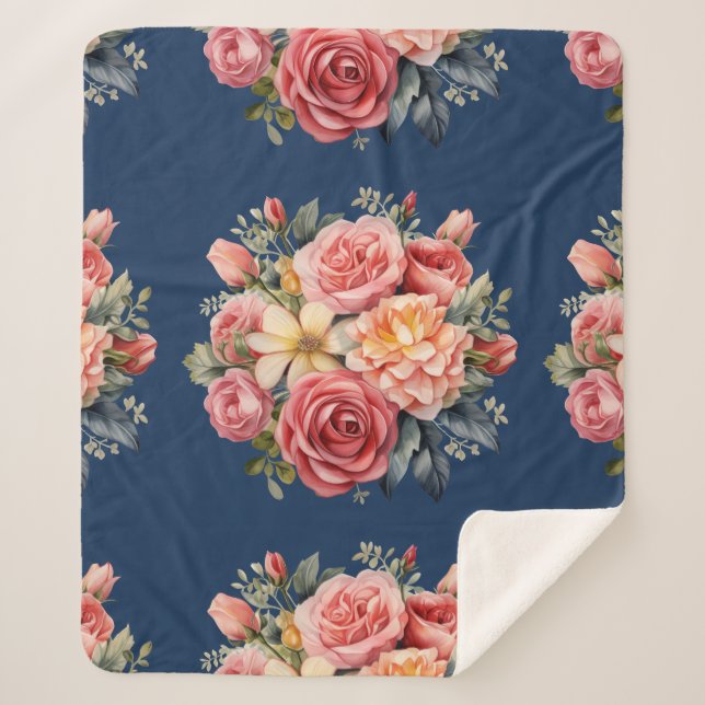 Couverture Sherpa Classic Pink Roses Floral on a Blue Background (Devant)