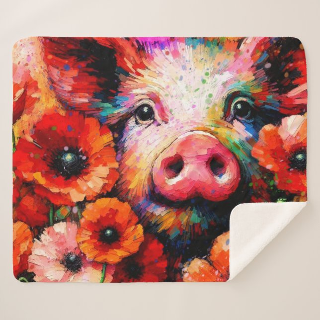 Couverture Sherpa Cochon impressionniste dans les fleurs de coquelic (Devant (Horizontal))