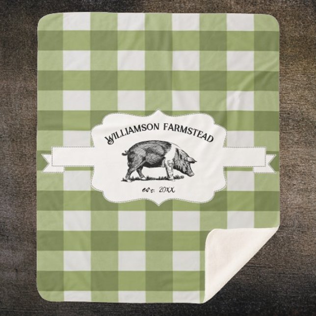 Couverture Sherpa Cochon Sherpa Blanche de la ferme de Buffalo vert (Green Buffalo Plaid Farm Pig Personalized Sherpa Blanket)