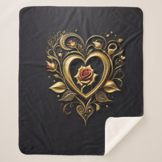Couverture Sherpa Coeur d'or romantique avec une rose rouge fleurie