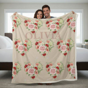 Couverture Sherpa Cœur Floral Vintage avec Nom Personnalisé