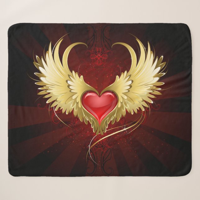 Couverture Sherpa Coeur rouge avec ailes d'or (Devant (Horizontal))