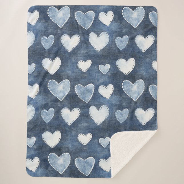 Couverture Sherpa Coeurs bleu Denim (Devant)