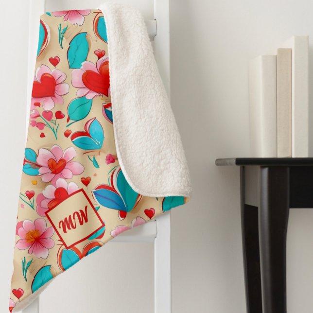 Couverture Sherpa Coeurs coquette, et crème de fleurs monogramme (Créateur téléchargé)