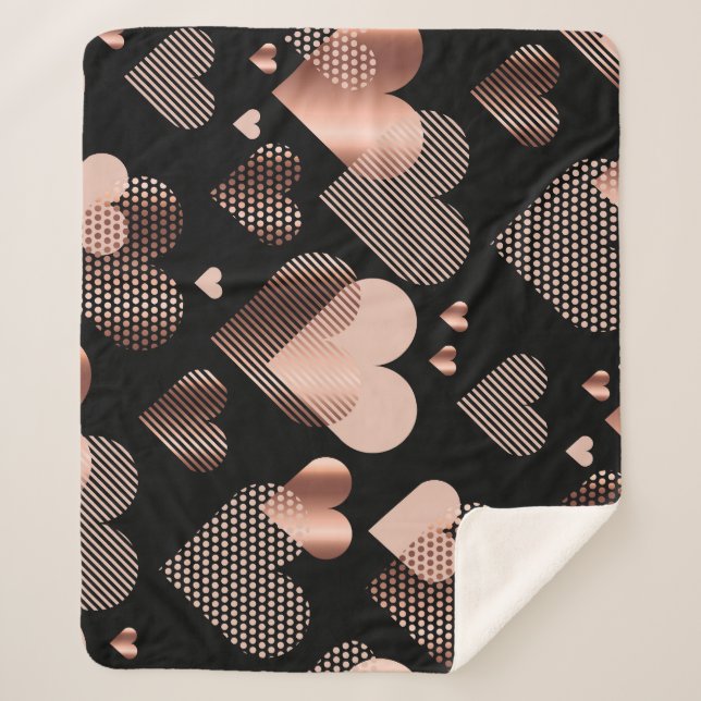 Couverture Sherpa Coeurs d'or rose, noir vintage. (Devant)