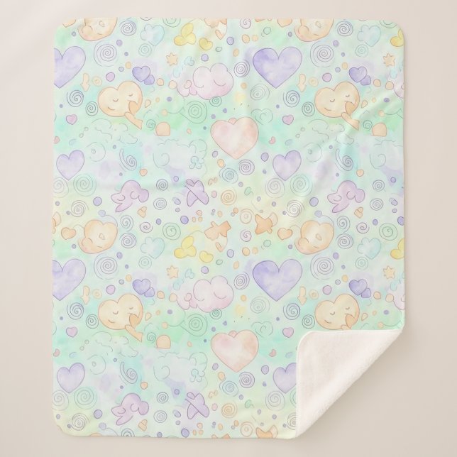 Couverture Sherpa Cœurs pastel et nuages Rêve aquarelle (2) (Devant)