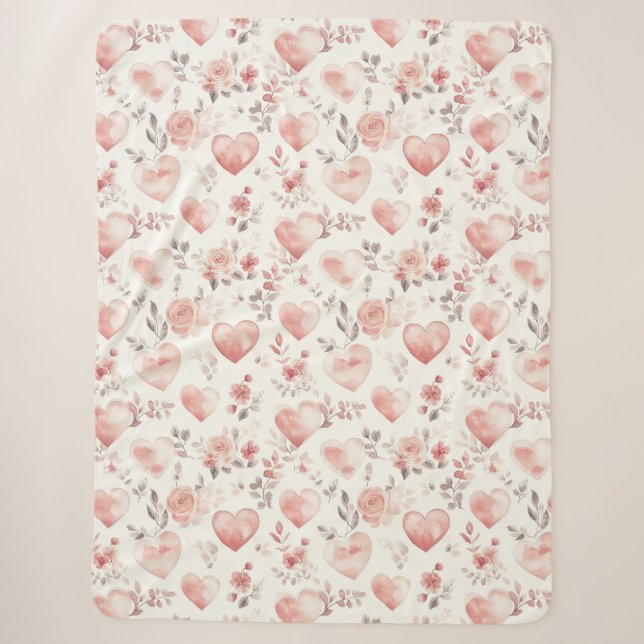 Couverture Sherpa Cœurs Roses Fleurs Rose Romantique (Devant)
