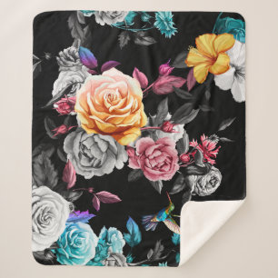 Couverture Sherpa Colibri, rose : arrière - plan noir aquarelle