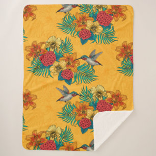 Couverture Sherpa Colibris et bouquet tropical en jaune