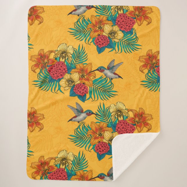 Couverture Sherpa Colibris et bouquet tropical en jaune (Devant)