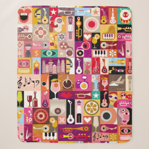 Couverture Sherpa Collage d'art, illustration vintage musicale. Patc