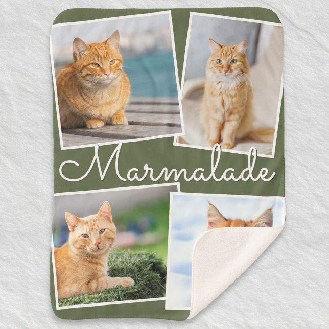 Couverture Sherpa Collage de photos de chats personnalisé vert olive (A sherpa blanket personalized with four cat photos and pet's name, on a green background)