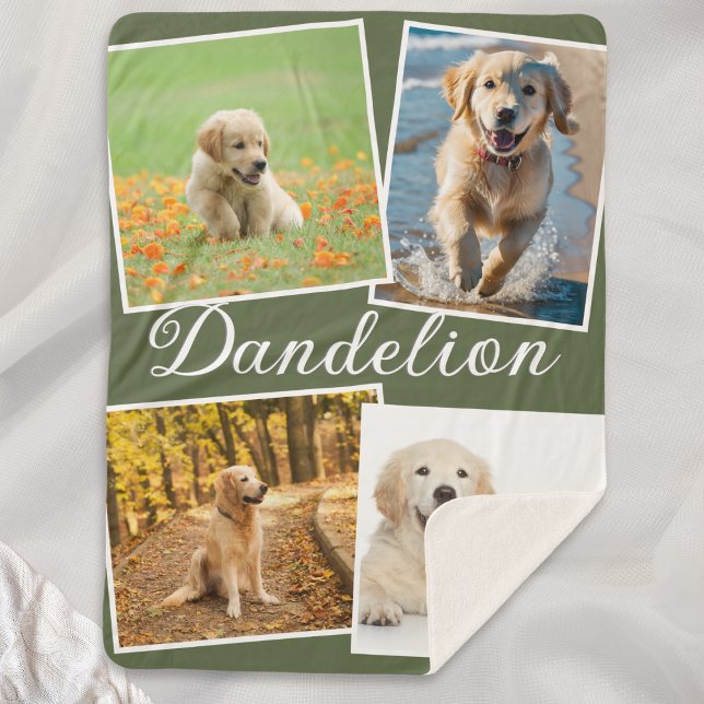 Couverture Sherpa Collage de photos de chien personnalisé vert olive (An olive green sherpa blanket, with four custom pet photos, and pet's name in script typography)
