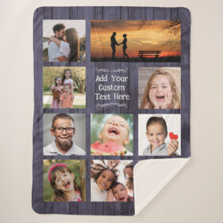 Couverture Sherpa Collage de photos personnalisé Blue Wood avec text
