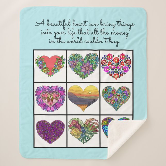 Couverture Sherpa Collage of Painted Hearts (light blue), with Quote (Devant)