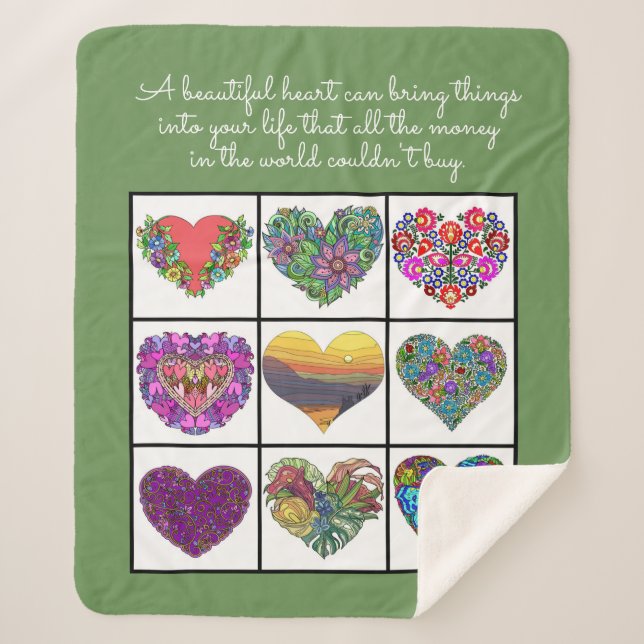 Couverture Sherpa Collage of Painted Hearts (on green), with Quote (Devant)