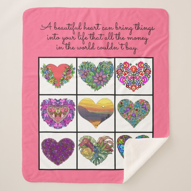 Couverture Sherpa Collage of Painted Hearts (on pink), with Quote (Devant)