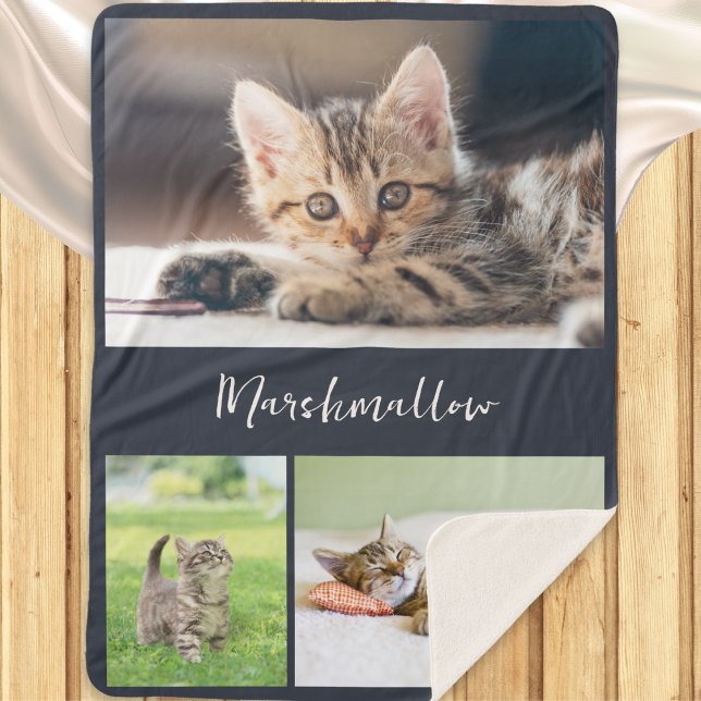 Couverture Sherpa Collage photo de 3 chats de compagnie élégants (A blanket to customize with 3 photos of your pet cat and their name in elegant script typography)