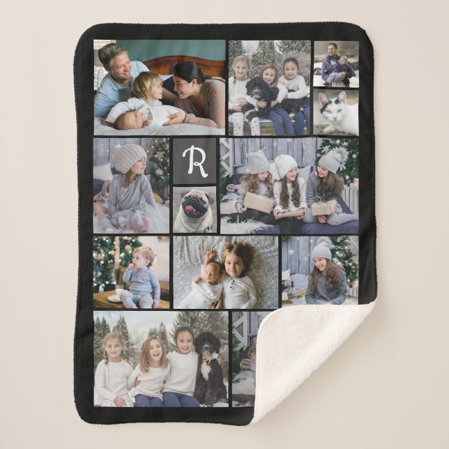 Couverture Sherpa Collage Photo Famille 14 Photos + Monogramme Black (Devant)