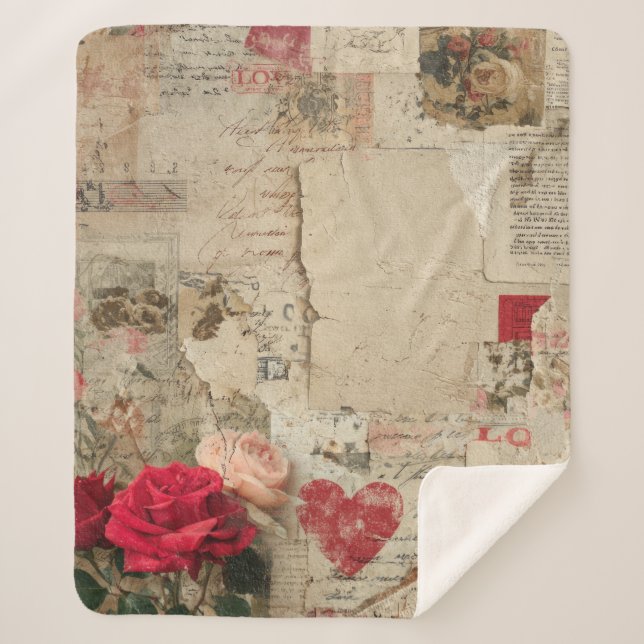 Couverture Sherpa Collage Romantique Vintage Rose (4) (Devant)
