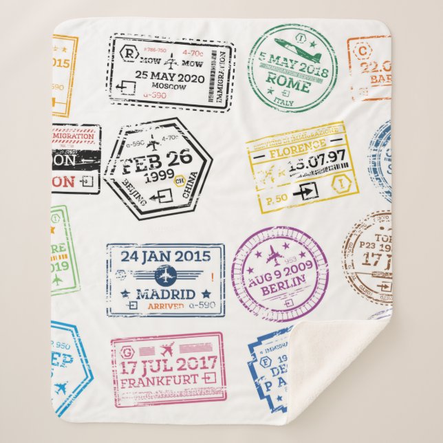 Couverture Sherpa Collection de timbres de passeport isolés sur blan (Devant)