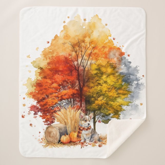 Couverture Sherpa Conception de chien d'automne à l'aquarelle - Corg (Devant)