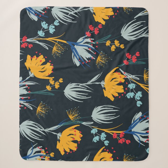 Couverture Sherpa Contraste Brush Floral : Noir sans joint (Devant)