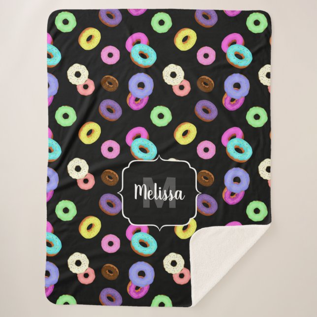Couverture Sherpa Cool amusant beignets colorés motif noir Monogramm (Devant)