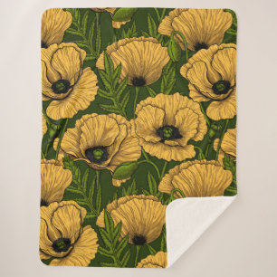 Couverture Sherpa Coquelicots jaunes sur vert foncé