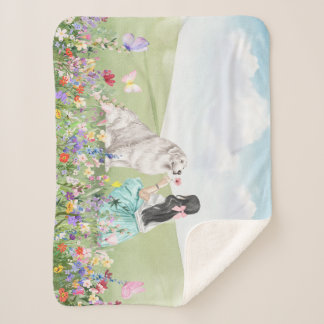 Couverture Sherpa Coquette Fille et Chien Printemps Pré Sherpa Blank