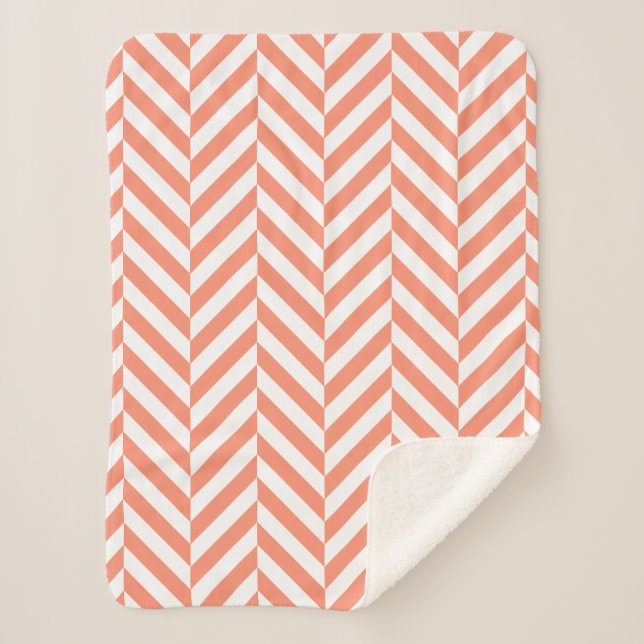 Couverture Sherpa Corail et blanc Motif géométrique Herringbone (Devant)