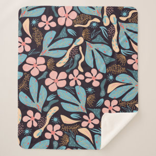 Couverture Sherpa Coral Blue Floral Dark Print