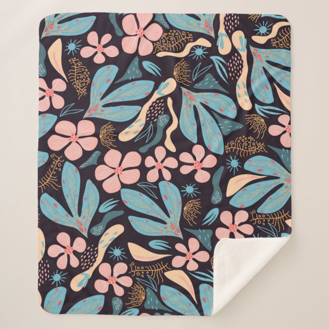 Couverture Sherpa Coral Blue Floral Dark Print (Devant)