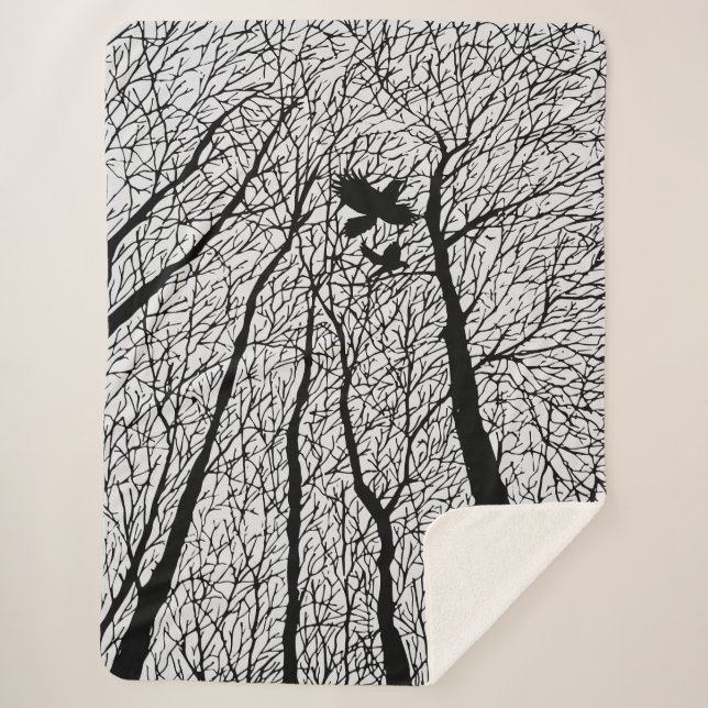 Couverture Sherpa Corbeaux en Silhouette dans les Arbres d'Hiver (Devant)