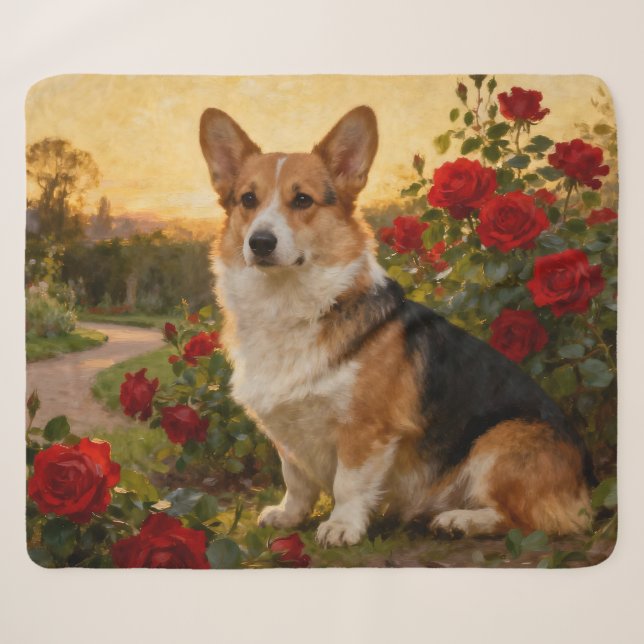 Couverture Sherpa Corgi dans les Roses II (Devant (Horizontal))