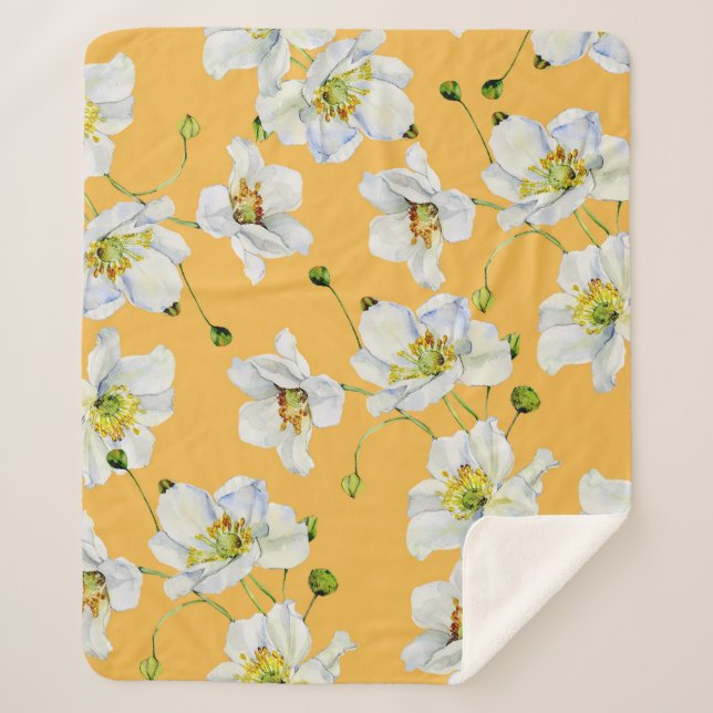 Couverture Sherpa Cosmos, aquarelle, transparent, motif floral. (Devant)