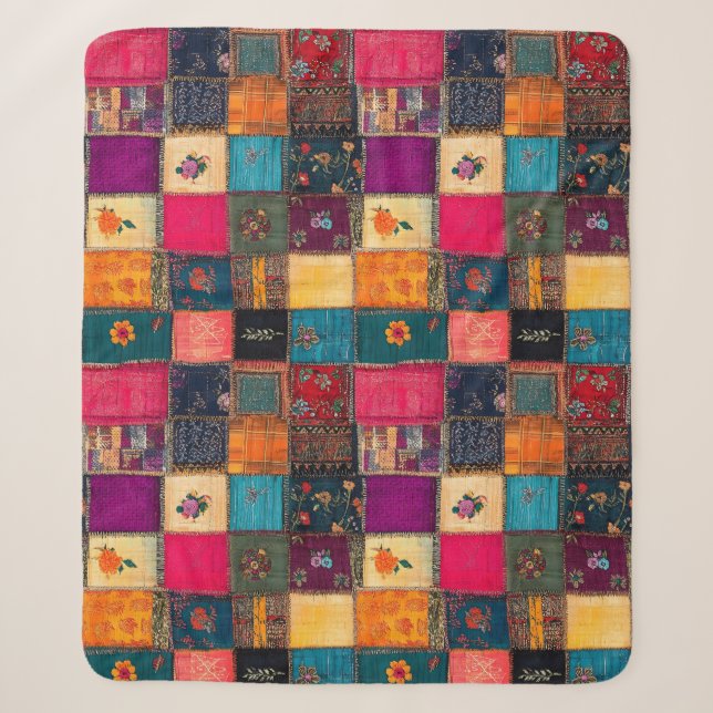 Couverture Sherpa Courtepoint Patchwork Vibrant avec Florales Classi (Devant)
