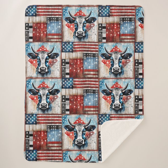 Couverture Sherpa Cow American Flag Folk Art (Devant)