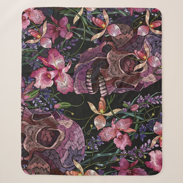 Couverture Sherpa Crâne brodé : Motif gothique de l'orchidée (Devant)