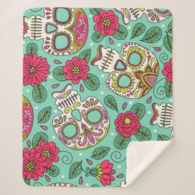 Couverture Sherpa Crâne et fleurs mexicaines, sans soudure. (Devant)