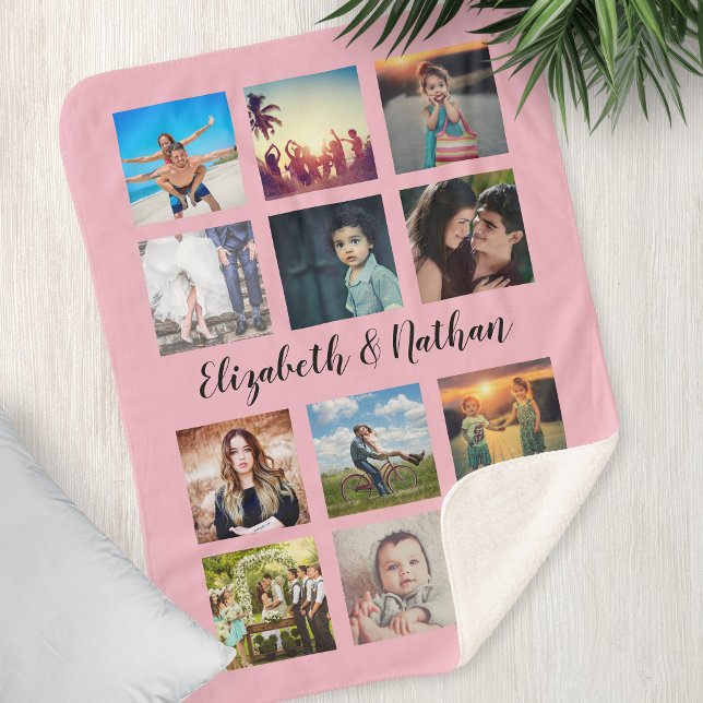 Couverture Sherpa Create Your Custom 12 Photo Collage Family Pink (Créateur téléchargé)
